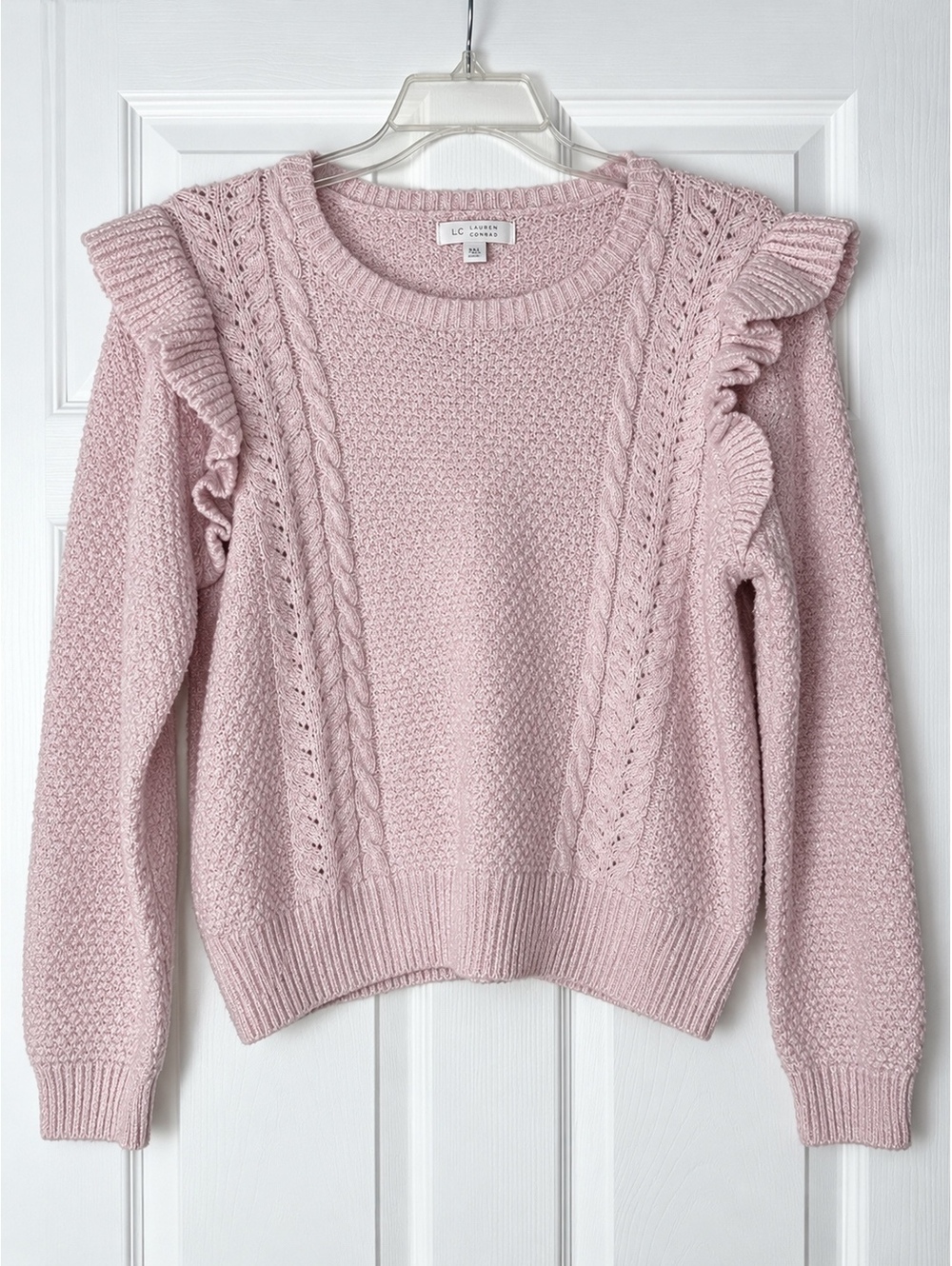 LC Lauren Conrad XXL Pink Cable Knit Sweater Ruffle Shoulder Metallic Thread